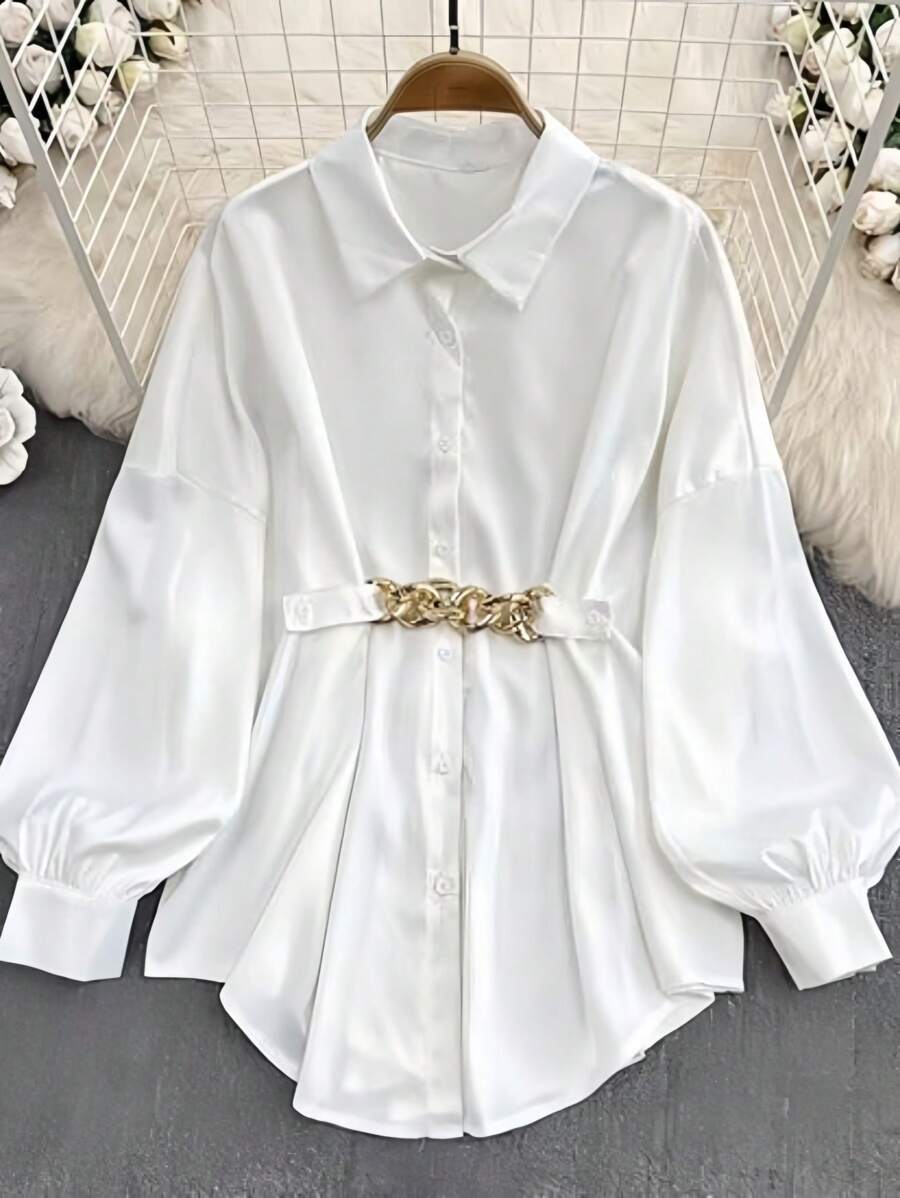 SHEIN LUNE 女士纯色长袖单排扣休闲宽松常规衬衫