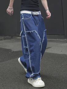 Manfinity EMRG Men's Casual Washed-Effect Wide Leg Loose Jeans - Dark Wash - View 5