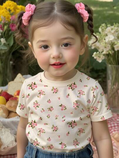 SHEIN 女婴休闲花卉印花圆领短袖上衣，简约风格适合夏季