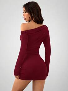 SHEIN PETITE 女士纯色夏季长袖简约短款休闲连衣裙秋装秋季女装秋季女装不对称连衣裙冬装 - 酒紅色 - 查看 3