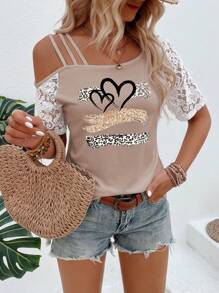 EMERY ROSE Women's Lace Patchwork Heart & Leopard Print T-Shirt Graphic Cheetah Print Tees Women Tops - Khaki - View 6