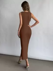 Firerie 女士方领褶皱腰开衩下摆连衣裙，优雅适合假日、日常穿着和婚礼季节 - 咖啡棕 - 查看 2