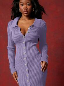 NYA SZN Ribbed Knit Collared Maxi Dress Summer - Purple - View 4