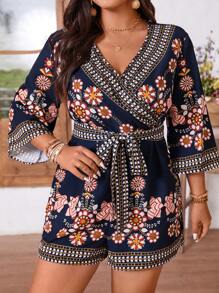 Breezaya Plus Size Women V-Neck Patterned Elegant Romper For Vacation/Daily Wear, Spring/Summer