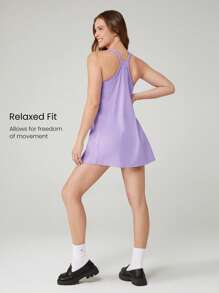GLOWMODE FeatherFit™-Air 全天运动 吸汗速干 Peekaboo 可调节圆领连衣裙 内置短裤 侧袋 防滑手柄 低冲击瑜伽 普拉提工作室 日常休闲装 可拆卸罩杯 - 紫丁香色 - 查看 3