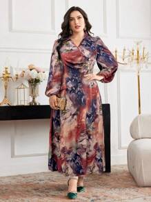 Modelyn Plus Size Women Tie-Dye Print Lantern Sleeve Elegant Dress - Purple - View 5