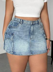 Dripcurv Plus Size Utility Denim Skirt With Pockets