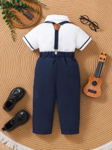 Bộ 3 món/bộ cho trẻ mới biết đi, trẻ sơ sinh, bé trai, mùa hè, tối giản, màu trơn, sọc tương phản, nơ bướm, áo sơ mi tay ngắn màu trắng cài nút đen & quần yếm có túi màu trơn, bộ trang phục thường ngày, thích hợp cho tiệc sinh nhật, đám cưới, ngày lễ, trường học, lễ rửa tội, trang phục cho bé trai, dây đeo quần, quần yếm, quần áo trẻ em, trang phục cho bé trai, quần đeo quần cho trẻ sơ sinh, áo sơ sinh, quần dài cho trẻ sơ sinh, 6 tháng-3 tuổi - Xanh đậm - Xem 3