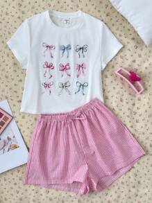 SHEIN 2pcs/Set Teen Girls' Bow Print Round Neck Short Sleeve White T-Shirt And Pink Striped Shorts Set, Suitable For Spring/Summer