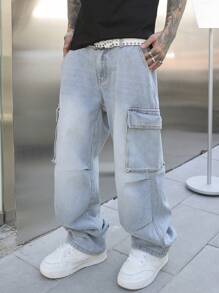 Manfinity EMRG Men's Casual Washed Straight Leg Cargo Jeans - Light Wash - View 4