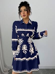 Elenzga Casual Long Sleeve Printed Cinched Waist Women Dress