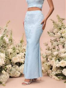 Glamine Blue Woven Textured Fabric Mid-Waist Fish Tail Hem Skirt, Spring/Summer For Women