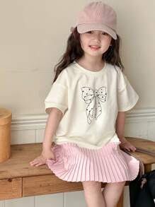 Dazy Kids Kleine Mädchen Rundhals Schleifenprint Patchwork Kurzarm Frühlings-/Sommerkleid - Weiss - Übersicht 3