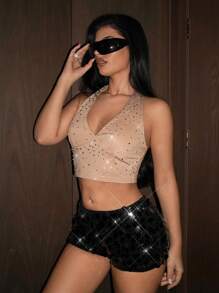 SHEIN ICON Quần short sequin lấp lánh dự tiệc câu lạc bộ cạp trễ dành cho nữ, thích hợp cho lễ hội âm nhạc và đi hộp đêm - màu đen - Xem 3