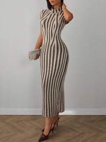 EURMUSE Casual Mock Turtle Neck Rib Knit Maxi Sleeveless Sweater Dress Fall Women Clothes Modest Old Money Striped Knit Maxi Dress - Multicolor - View 3