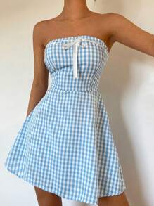 Chiquease Women Bandeau Bowknot Plaid A-Line Dress