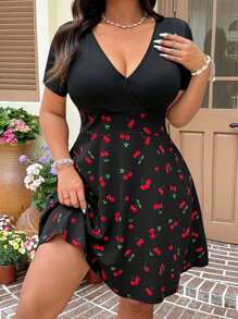 Solflare Plus Size Women Cherry Print V-Neck Short Sleeve Casual Dress, Suitable For Daily Wear, Spring/Summer