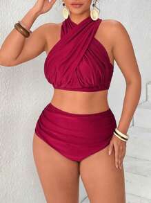 Swim Lushoire Plus Size Satin Shine Halter Style Bikini Top, Suitable For Vacation, Elegant Party For Summer - Burgundy - View 3