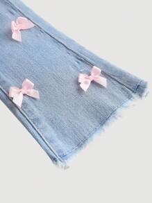 SHEIN Baby Girl Pink Bowknot Accent Denim Jeggings, Elastic Flare Pants - Light Wash - View 5