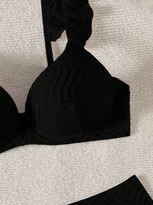 Solid Color Textured Fabric Halter Neck Padded Women's Bikini Set, Beach Outfits For Summer Beach Vacation