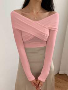 DAZY Women's Long Sleeve Solid Color T-Shirt, Minimalist Fashion, Suitable For Summer,Off Shoulder Top