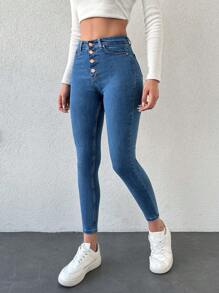 RueChic 97% Cotton Button Fly Cropped Skinny Jeans - Light Wash - View 3