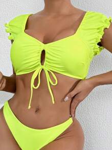 SHEIN Swim 2pcs Women Luminous Solid Color Hollow Out Swimwear Set With Ring Decor Bikini Bottoms, Holiday Beachwear For Summer Beach Vacation - Green - View 4