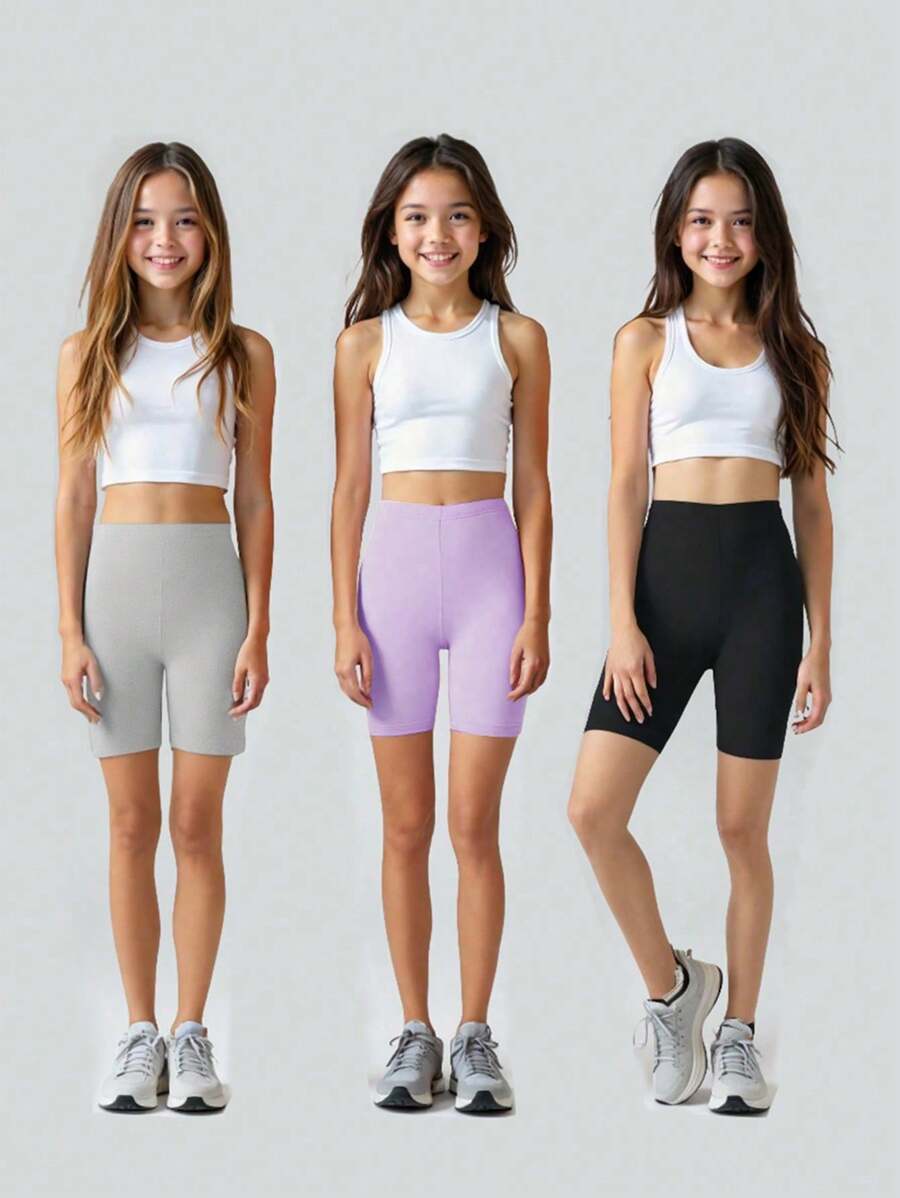 SHEIN 3 件装幼儿女童简约纯色针织短裤，不含上衣，春夏