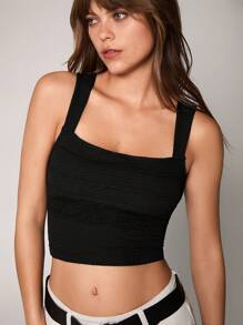 SHEIN Unity Regata Feminina de Cor Sólida com Nó nas Costas, Tecido Texturizado - Preto - Visão 4