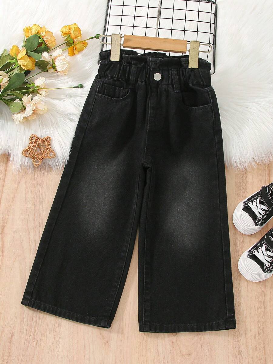 SHEIN Young Girl Casual Boho Holiday Paperback Waist Flat Pockets Mom Jeans With Button Front, Daily Summer Holiday - Black - View 1