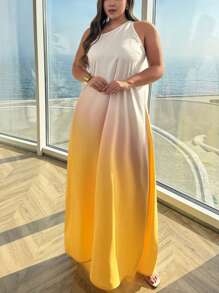 Firerie 大码优雅通勤别致度假下午茶性感约会演唱会派对 INS 流行复古校园海滩拍照装黄色扎染渐变不对称肩部镂空后背 A 字裙 - 黃色 - 查看 2