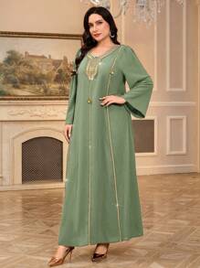 Al Najma Tunique femme grande taille à col en V avec motif doré et ceinture, ainsi qu'une longue robe traditionnelle arabe, Caftan modeste