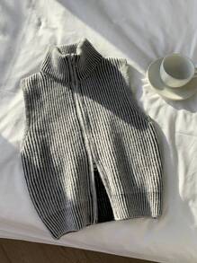 Comfortcana Women's Striped Front Zipper Collar Cropped Knit Vest