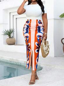 SHEIN Lady 加大码春夏优雅通勤办公室波西米亚风休闲郊游彩色针织褶皱开叉中长裙优雅 - 彩色 - 查看 4