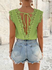 Breezaya 女士度假休闲纯色蕾丝边系带露背衬衫 - 軍綠色 - 查看 1