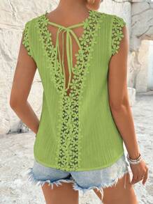 Breezaya 女士度假休闲纯色蕾丝边系带露背衬衫 - 軍綠色 - 查看 3