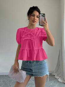 Elenzga Bow Front Puff Sleeve Peplum Blouse Peplum Top - Hot Pink - View 4