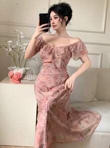 DAZY Abito estivo da donna con colletto quadrato, balze e fantasia floreale mista, in stile patchwork