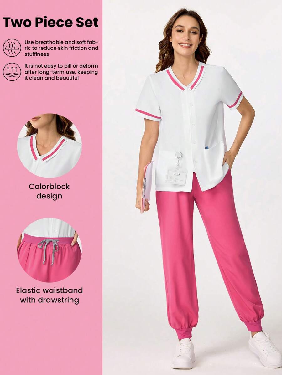Scrubzie 手术服和手术上衣-短袖、白色衬衫和粉色裤子套装，女士牙科诊所工作制服 - 白色 - 查看 1