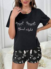 Women Slogan Print Short Sleeve T-Shirt And Shorts Pajama Set - Multicolor - View 3