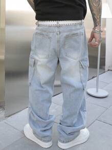 Manfinity EMRG Men's Casual Washed Straight Leg Cargo Jeans - Light Wash - View 2