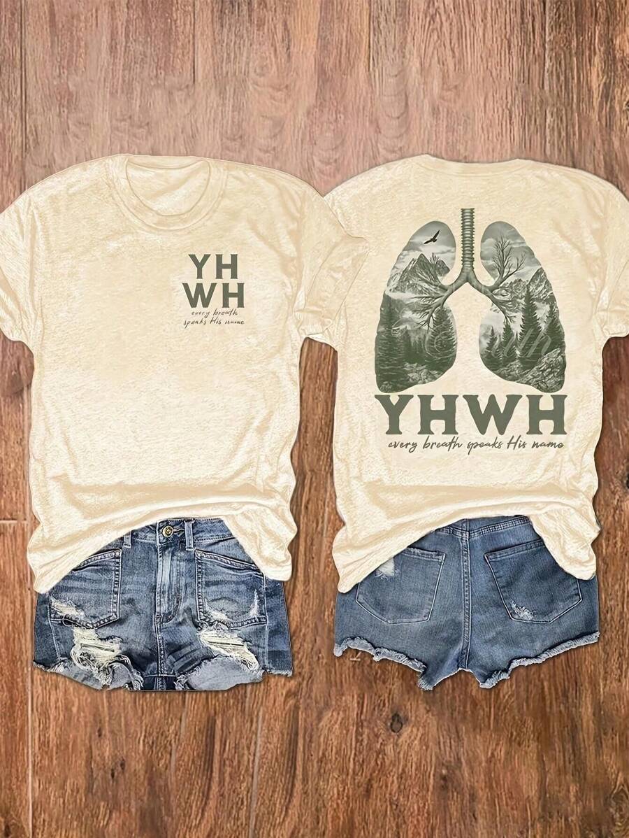 Calvaya YHWH płuca chrześcijańskie, przód i tył, każdy oddech mówi jego imię, imię Boga, plus rozmiar okrągły dekolt krótki rękaw koszula z nadrukiem koszulki damskie topy