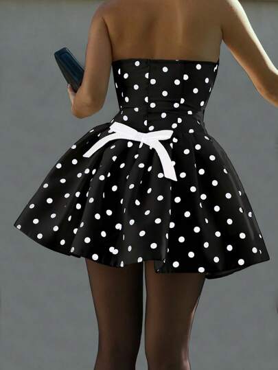 White Polka Dot Print Halter Backbow Waist Flared A-Line Mini Dress