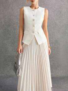 Poéselle 女士优雅杏色无袖粗花呢上衣和褶皱中长裙套装，包含一件饰有仿珍珠纽扣的无袖粗花呢背心和一条褶皱中长裙。这款精致的杏色套装散发着法式假日优雅气息，适合正式场合和约会等外出活动，以及秋冬季两件套造型。 - 米色 - 查看 4