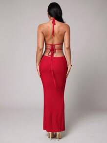 Silquee 罩衫黑色钩针性感深 V 领镂空开衩春夏度假服中长款女式连衣裙 - 紅色 - 查看 2