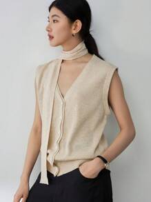 DAZY Women's V-Neck Drawstring Asymmetric Button Front Cardigan Knit Top, Casual Business Style - Beige - View 11