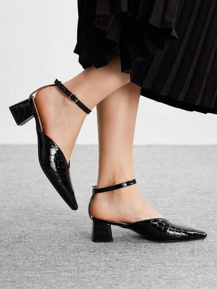 CUCCOO BIZCHIC Pointed Toe Kitten Heel Black Alligator Print Retro French Style Women's High Heels Pumps, Elegant Aesthetic For Outing, Spring, Vacation