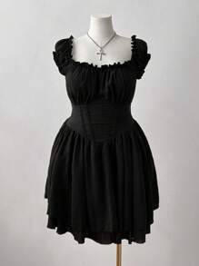 Sunspun Plus Size Sweetheart Collar Ruffle Hem Textured Fabric Short Sleeve Dress - Black - View 3