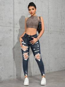 SHEIN PETITE Women's Ripped Denim Jeans, Minimalist Fashion, Suitable For Summer - Dark Wash - View 4