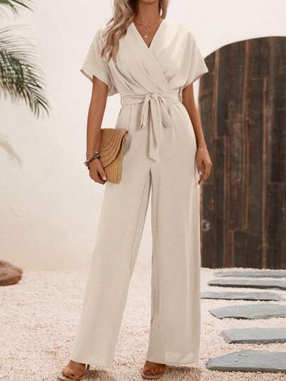 EMERY ROSE Kvinnors solid korsad V-hals Bat Sleeve Casual Jumpsuit